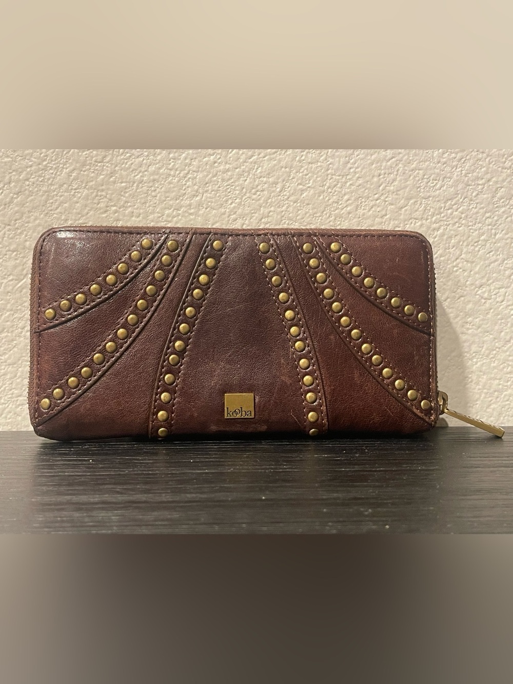 RARE VTG Kooba Studded Brown Leather Zip Around Continental Wallet